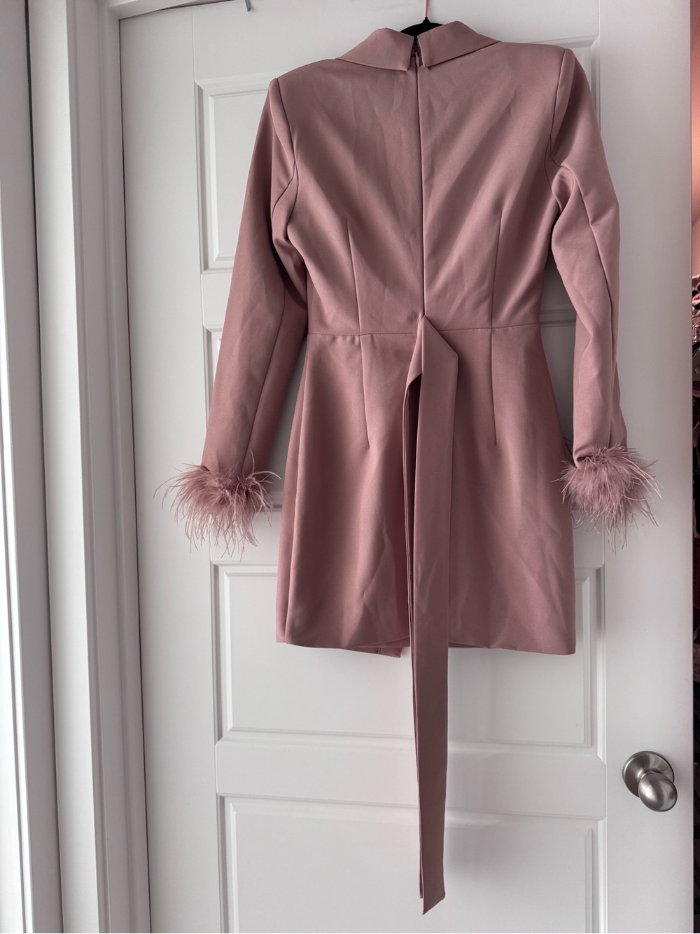 Lavish Alice Feather Cuff Wrap Mini Dress - Dusty Rose - Picture 6 of 6